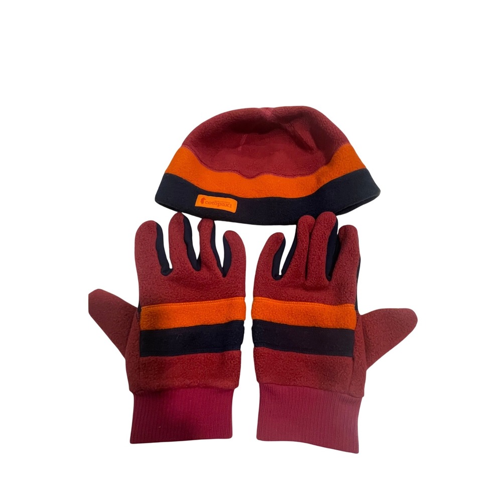 Cotopaxi Fleece Beanie and Glove Set Red Orange Navy Blue Colorblock Unisex